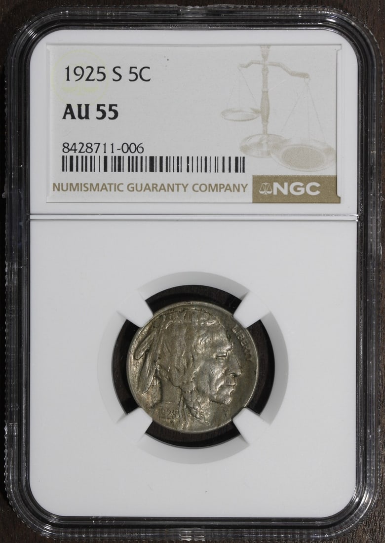 NGC AU55 1925-S Buffalo 5C Copper Nickel: NGC AU55 1925-S Buffalo 5C Copper Nickel This 1925 Buffalo Nickel is graded AU55 by NGC and was minted in San Francisco. The coin is composed of copper with a fineness of 0.75. It is a circulated piec