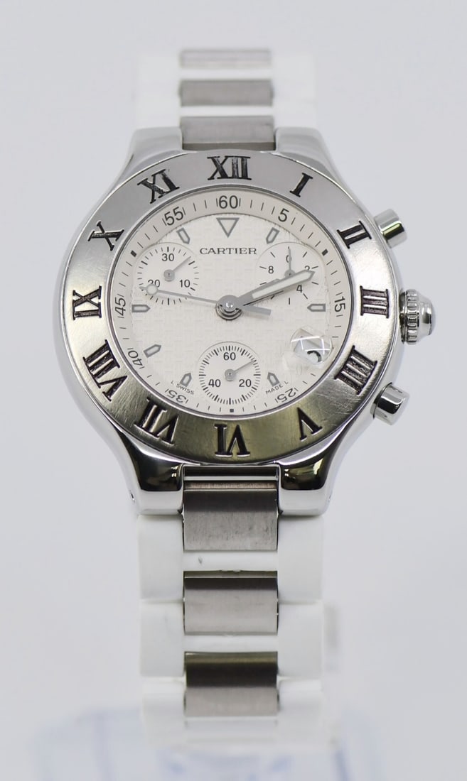 Must de Cartier 21 Chronoscaph Stainless Steel Quartz Watch Ref 2424 White Rubber Strap: Must de Cartier 21 Chronoscaph Stainless Steel Quartz Watch Ref 2424 White Rubber Strap The Cartier Must 21 Chronoscaph is a men's wristwatch featuring a 38mm stainless steel case and a quartz movemen