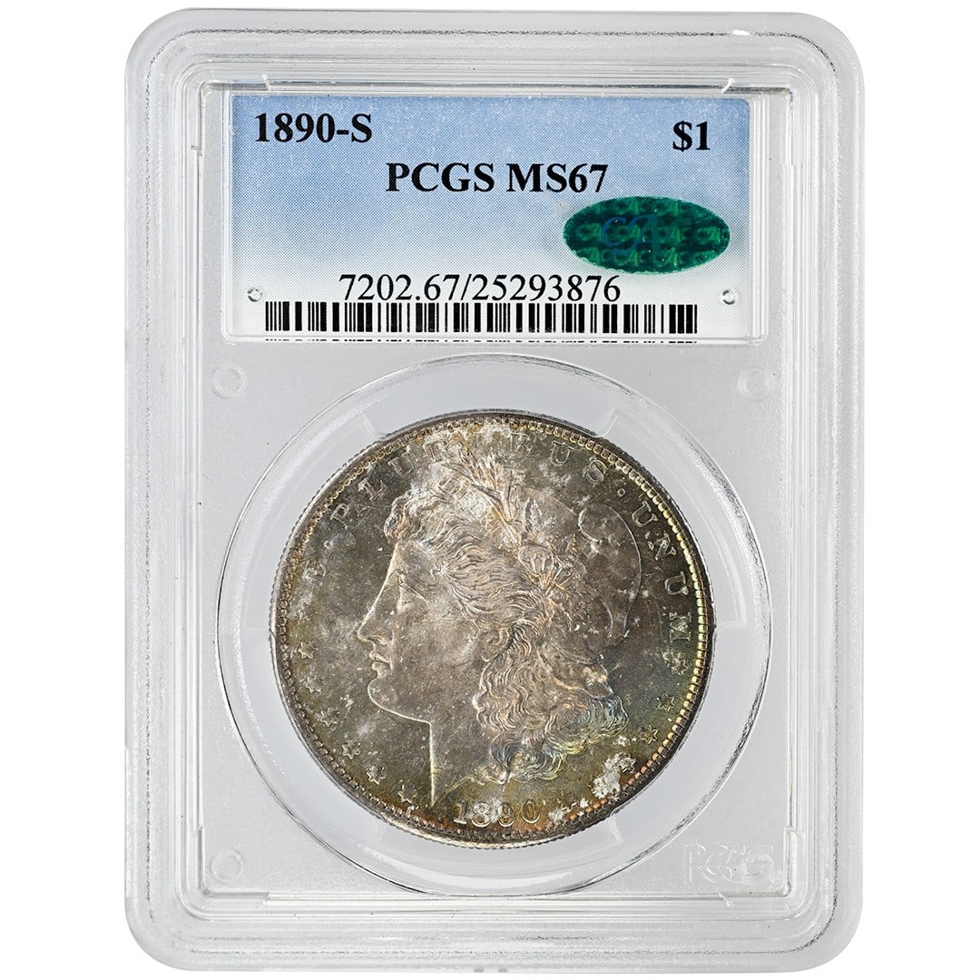 1890-S Morgan Dollar PCGS CAC MS67 Silver $1: 1890-S Morgan Dollar PCGS CAC MS67 Silver $1 This is an 1890-S Morgan Dollar, graded MS67 by PCGS and verified by CAC. The coin is uncirculated and composed of silver, minted in San Francisco. It is a