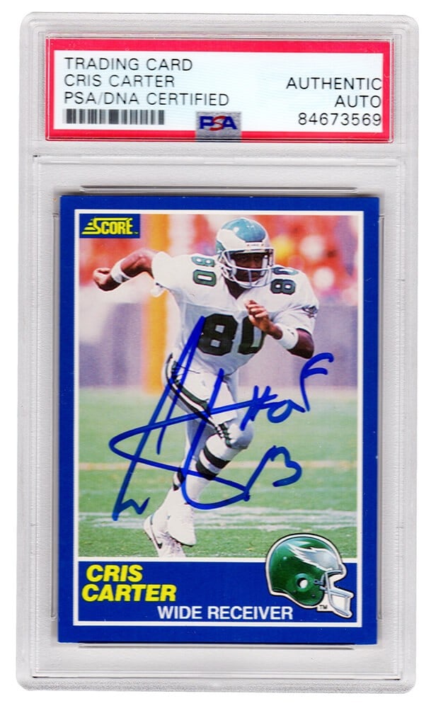 Cris Carter Autographed 1989 Score RC Card #72 HOF 13 PSA Encapsulated: Cris Carter Autographed 1989 Score RC Card #72 HOF 13 PSA Encapsulated This Cris Carter autographed 1989 Score rookie card #72 features the legendary wide receiver for the Philadelphia Eagles, complet