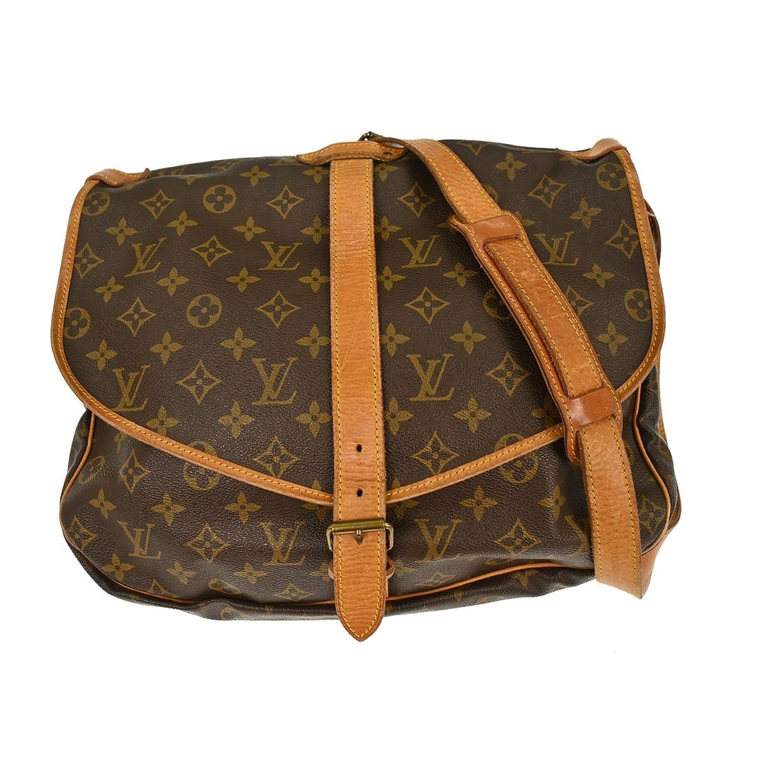 Monogram Canvas Saumur Shoulder Bag by Louis Vuitton: Monogram Canvas Saumur Shoulder Bag by Louis Vuitton The Louis Vuitton Saumur handbag features the iconic monogram canvas in a brown colorway. Designed for unisex use, this classic bag is crafted from