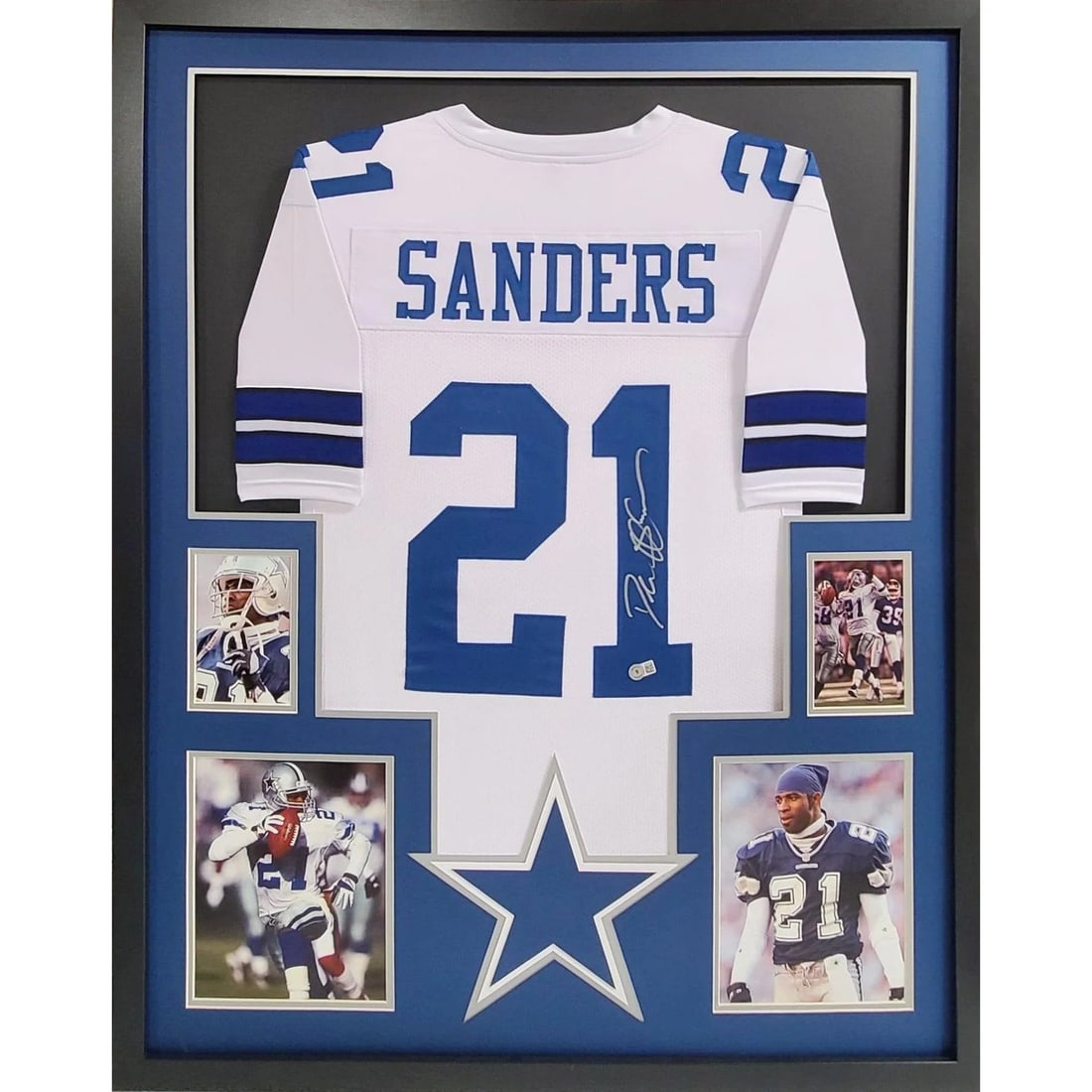 Deion Sanders Signed Framed Cowboys Jersey Beckett Authenticated 42x34: Deion Sanders Signed Framed Cowboys Jersey Beckett Authenticated 42x34 This is a professionally framed, autographed Deion Sanders jersey, showcasing the legendary player's connection with the Dallas C