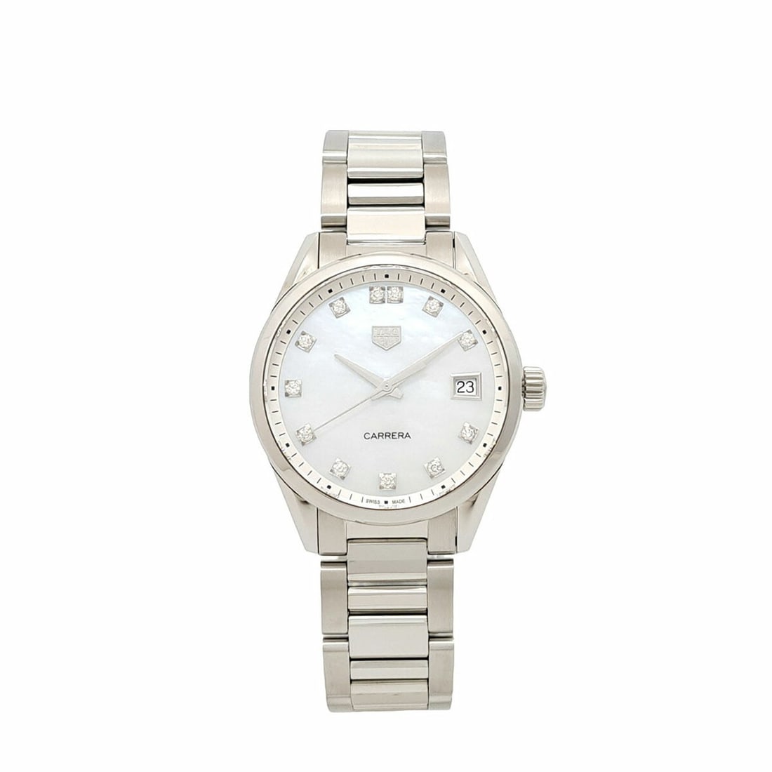 Tag Heuer Carrera 12 Diamond Shell Dial Quartz Watch WBK1318.BA0652: Tag Heuer Carrera 12 Diamond Shell Dial Quartz Watch WBK1318.BA0652 This Tag Heuer Carrera wristwatch features a white shell dial adorned with 12 diamonds, offering a refined and elegant look. Crafted