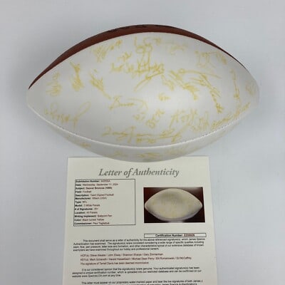 Wilson NFL football 35 plus signatures Denver Broncos JSA COA: Wilson NFL football 35 plus signatures Denver Broncos JSA COA This Wilson NFL football is team-signed by members of the 1995 Denver Broncos, including Hall of Famers John Elway, Shannon Sharpe, and St