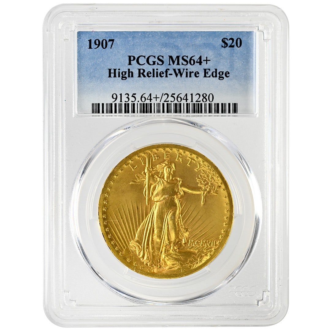 1907 Saint Gaudens $20 Gold PCGS MS64+ High Relief Wire Edge: 1907 Saint Gaudens $20 Gold PCGS MS64+ High Relief Wire Edge This 1907 $20 High Relief-Wire Edge St. Gaudens gold coin is a rare collectible, graded MS64+ by PCGS. Struck at the Philadelphia Mint, thi