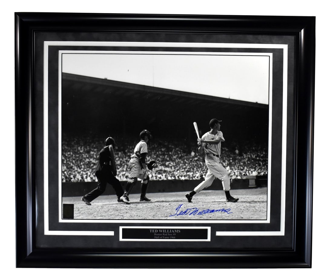 Framed 16x20 Autographed Photo Ted Williams Boston Red Sox Green Diamond Authenticated: Framed 16x20 Autographed Photo Ted Williams Boston Red Sox Green Diamond Authenticated This professionally framed 16x20 inch black and white photo features the autograph of Ted Williams, legendary pla