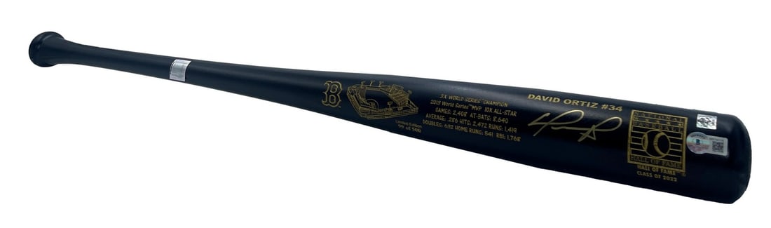 David Ortiz autographed maple bat Beckett HOF 99 of 500: David Ortiz autographed maple bat Beckett HOF 99 of 500 This is a 34-inch National Baseball Hall of Fame maple bat autographed by David Ortiz of the Boston Red Sox. The bat is individually numbered 99