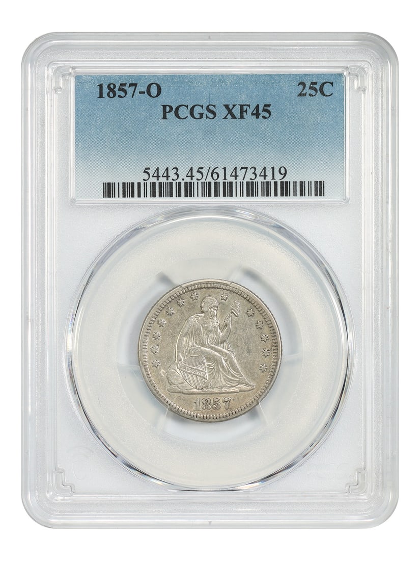 PCGS XF45 1857-O Liberty Seated Quarter New Orleans Mint: PCGS XF45 1857-O Liberty Seated Quarter New Orleans Mint This 1857 Liberty Seated Quarter was minted in New Orleans and is graded XF45 by PCGS. It is a circulated coin from the Liberty Seated Quarter 
