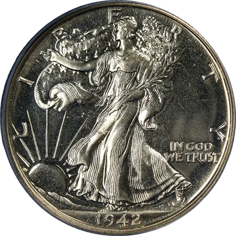 1942 Proof Walking Liberty Half Dollar PCGS PR65 Silver Gem: 1942 Proof Walking Liberty Half Dollar PCGS PR65 Silver Gem This 1942 Walking Liberty Half Dollar Proof coin is graded PCGS PR65 and features a blazing white appearance with superb luster and strong s