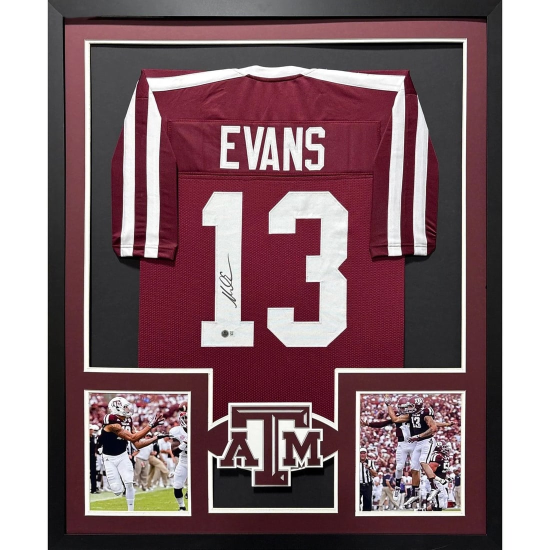 Mike Evans Autographed Framed Jersey Texas A&M Beckett Certified: Mike Evans Autographed Framed Jersey Texas A&M Beckett Certified This is an autographed framed jersey of Mike Evans, showcasing his Texas A&M legacy. The jersey is authenticated by Beckett, a leading 