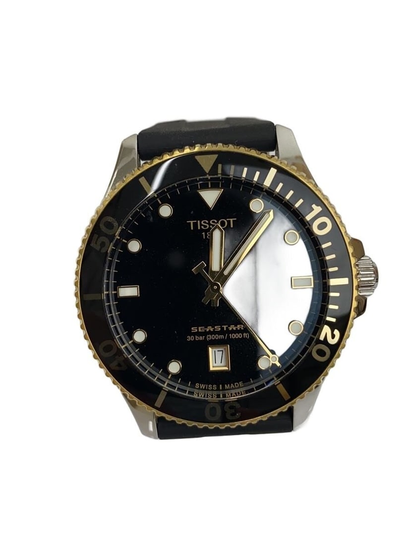Tissot Seastar 1000 Quartz Black Rubber Men's Wristwatch: Tissot Seastar 1000 Quartz Black Rubber Men's Wristwatch This TISSOT Seastar 1000 Quartz T120410A men's wristwatch features a black dial and a durable rubber band. Crafted in Switzerland, the watch di