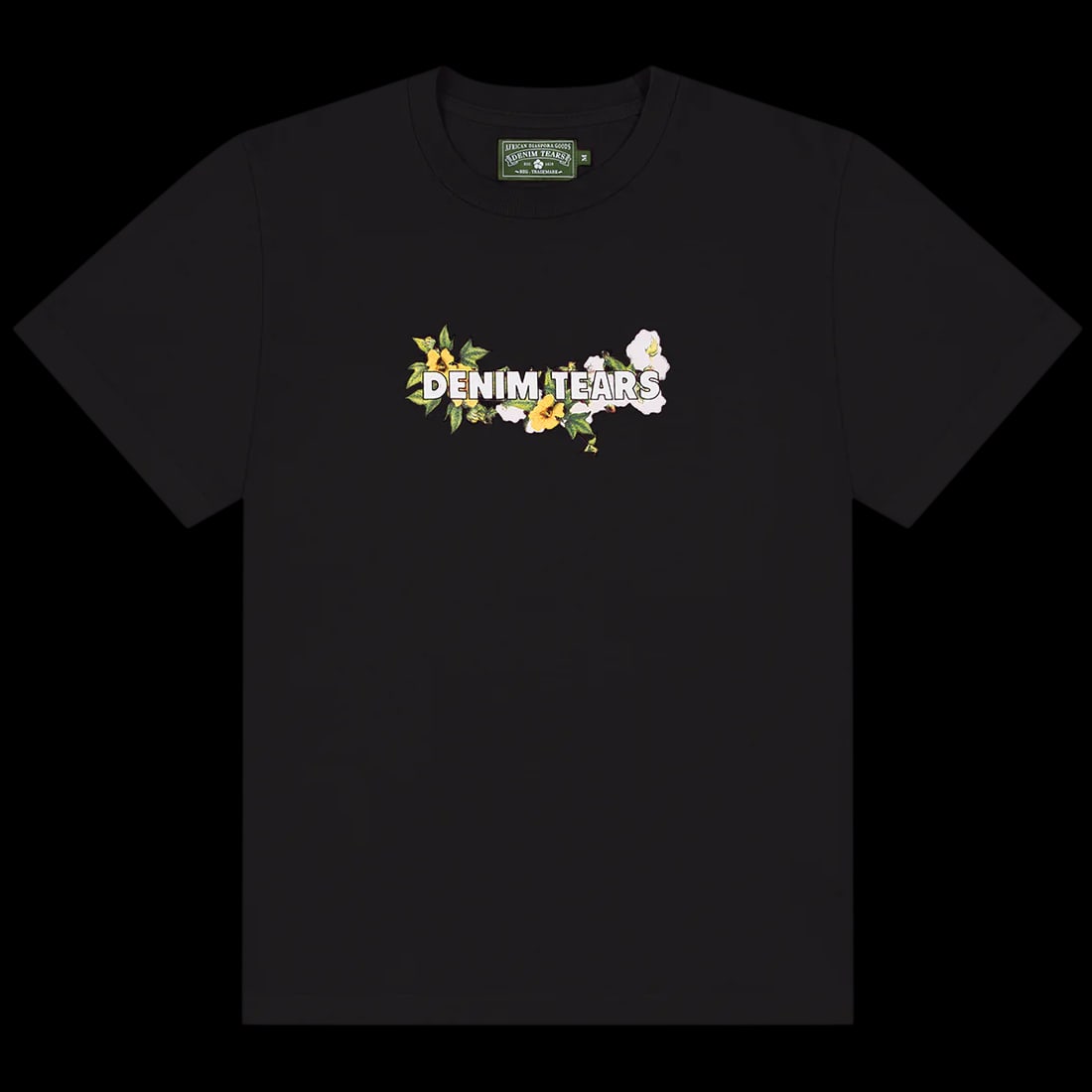 Floral Wreath Logo Black Cotton T-Shirt by Denim Tears: Floral Wreath Logo Black Cotton T-Shirt by Denim Tears This Denim Tears Black Floral Cotton Tee features a soft 100% cotton fabric and a unisex fit designed for comfort. The t-shirt showcases the sign