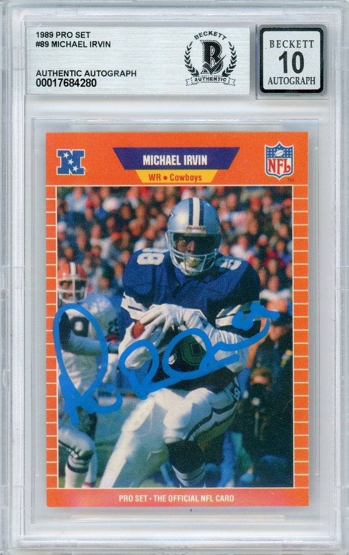 Michael Irvin 1989 Pro Set Rookie Card Cowboys BGS Auto 10: Michael Irvin 1989 Pro Set Rookie Card Cowboys BGS Auto 10 This is an original 1989 Pro Set #89 sports trading card featuring Michael Irvin of the Dallas Cowboys. The card has been hand signed by Mich