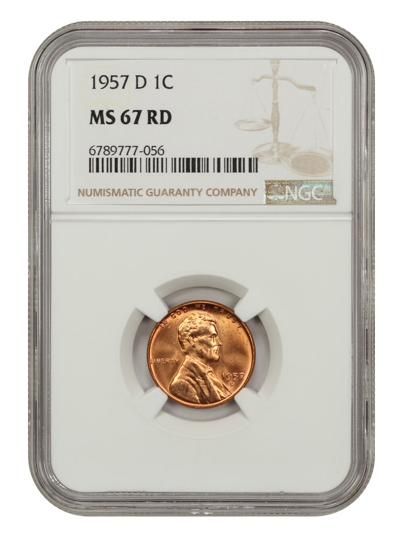 1957-D Lincoln Cent NGC MS67RD Wheat Reverse Coin: 1957-D Lincoln Cent NGC MS67RD Wheat Reverse Coin This 1957-D Lincoln Cent is certified by NGC with a certification number of 6789777056. It boasts an impressive grade of MS67RD, indicating it is in u
