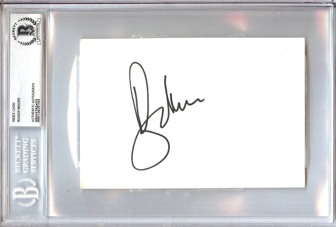Roger Moore Autographed Index Card 007 James Bond Beckett Authenticated (1 of 1)