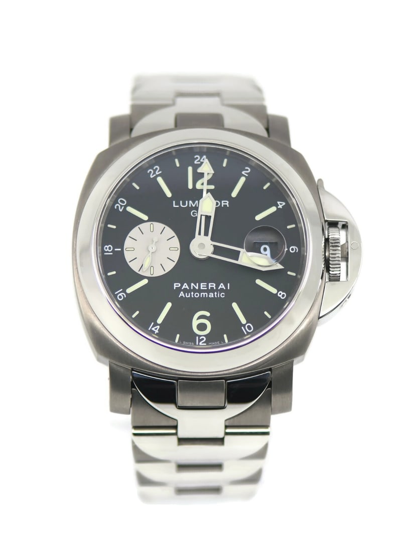 Panerai Luminor GMT PAM00161 Stainless Steel Titanium Watch with Box and Papers: Panerai Luminor GMT PAM00161 Stainless Steel Titanium Watch with Box and Papers Discover the Panerai Luminor GMT Watch, a stunning combination of stainless steel and titanium. This luxurious wristwatc