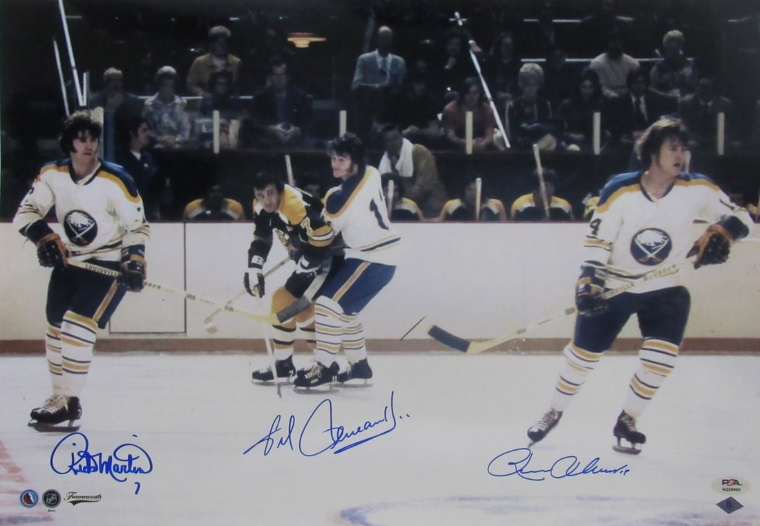 Buffalo Sabres French Connection Signed 16x20 Hockey Photo PSA DNA Authenticated: Buffalo Sabres French Connection Signed 16x20 Hockey Photo PSA DNA Authenticated This 16x20 photo features the legendary French Connection line of the Buffalo Sabres, personally signed by Rick Martin,