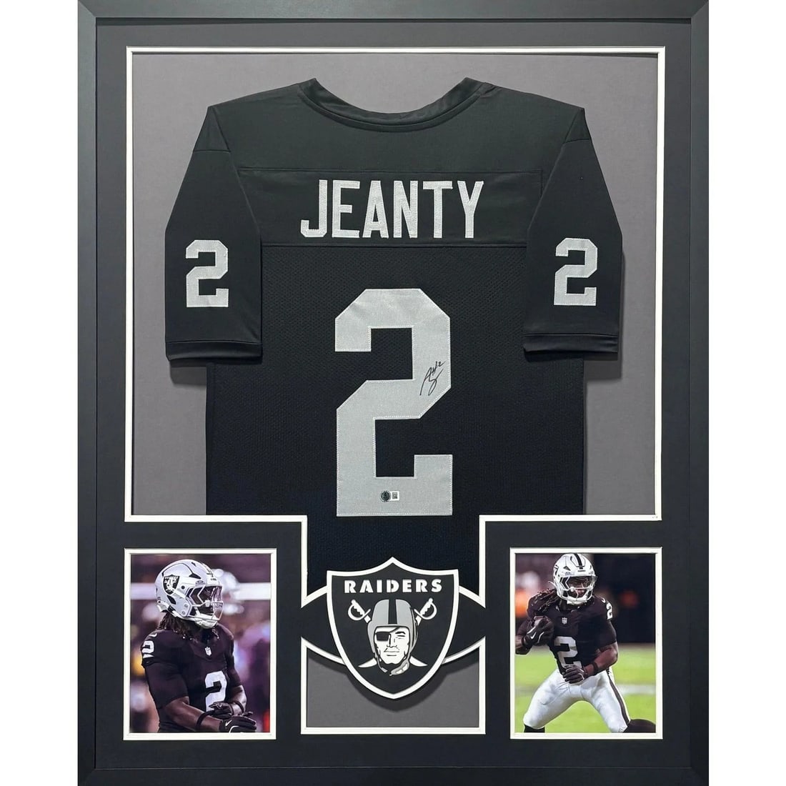Ashton Jeanty Signed Framed Jersey Las Vegas Raiders Beckett Authenticated: Ashton Jeanty Signed Framed Jersey Las Vegas Raiders Beckett Authenticated This framed jersey features a signed autograph by Ashton Jeanty and is authenticated by Beckett, a leader in sports memorabil