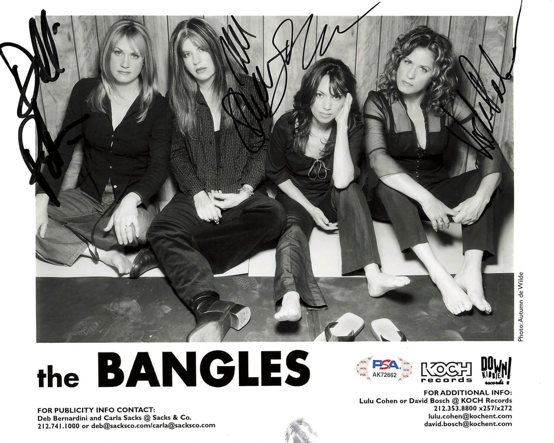 The Bangles Autographed 8x10 Photo PSA/DNA Certified: The Bangles Autographed 8x10 Photo PSA/DNA Certified This is a professionally printed 8x10 photograph featuring the signatures of all four members of The Bangles: Susanna Hoffs, Debbi Peterson, Vicki 