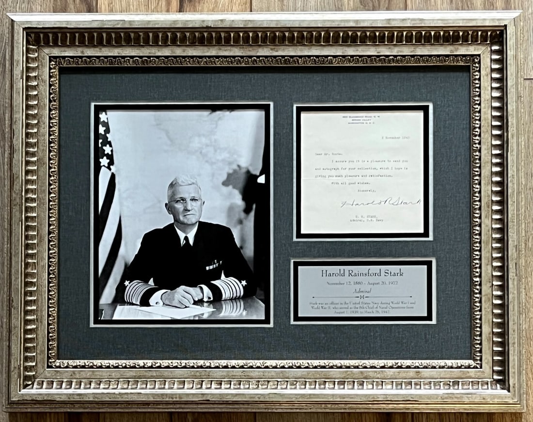 Harold Stark Signed WWII Admiral Custom Framed Display JSA Authenticated: Harold Stark Signed WWII Admiral Custom Framed Display JSA Authenticated This stunning custom framed display features an authentic autograph from WWII Admiral Harold R. Stark, who served as the Chief 