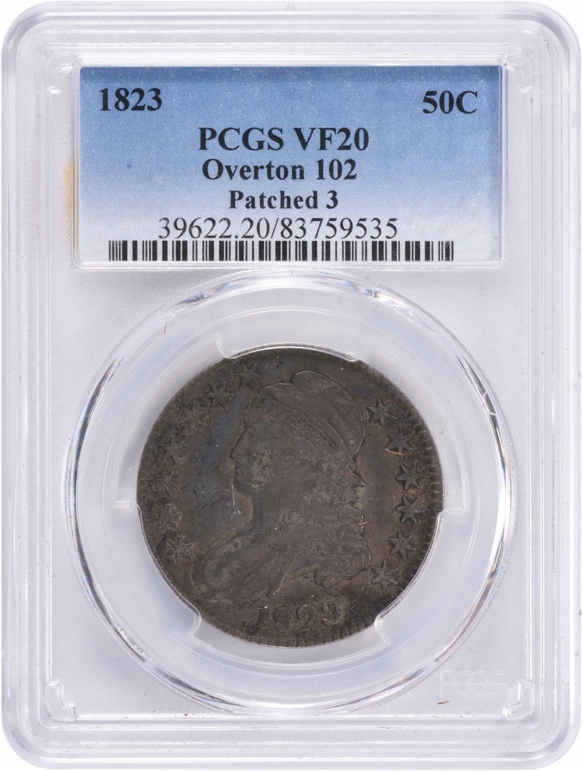 1823 Bust Silver Half Dollar VF20 PCGS John Reich Design: 1823 Bust Silver Half Dollar VF20 PCGS John Reich Design This 1823 Bust Silver Half Dollar (Overton 102) is a noteworthy collectible, graded VF20 by PCGS, indicating its very fine condition. Minted in