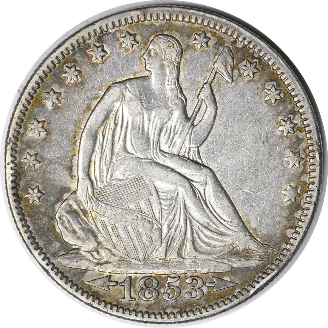 1853 Liberty Seated Silver Half Dollar 50C Uncertified XF Coin: 1853 Liberty Seated Silver Half Dollar 50C Uncertified XF Coin This 1853 Liberty Seated Silver Half Dollar is a classic piece of American numismatics. Featuring the iconic Seated Liberty design, this 