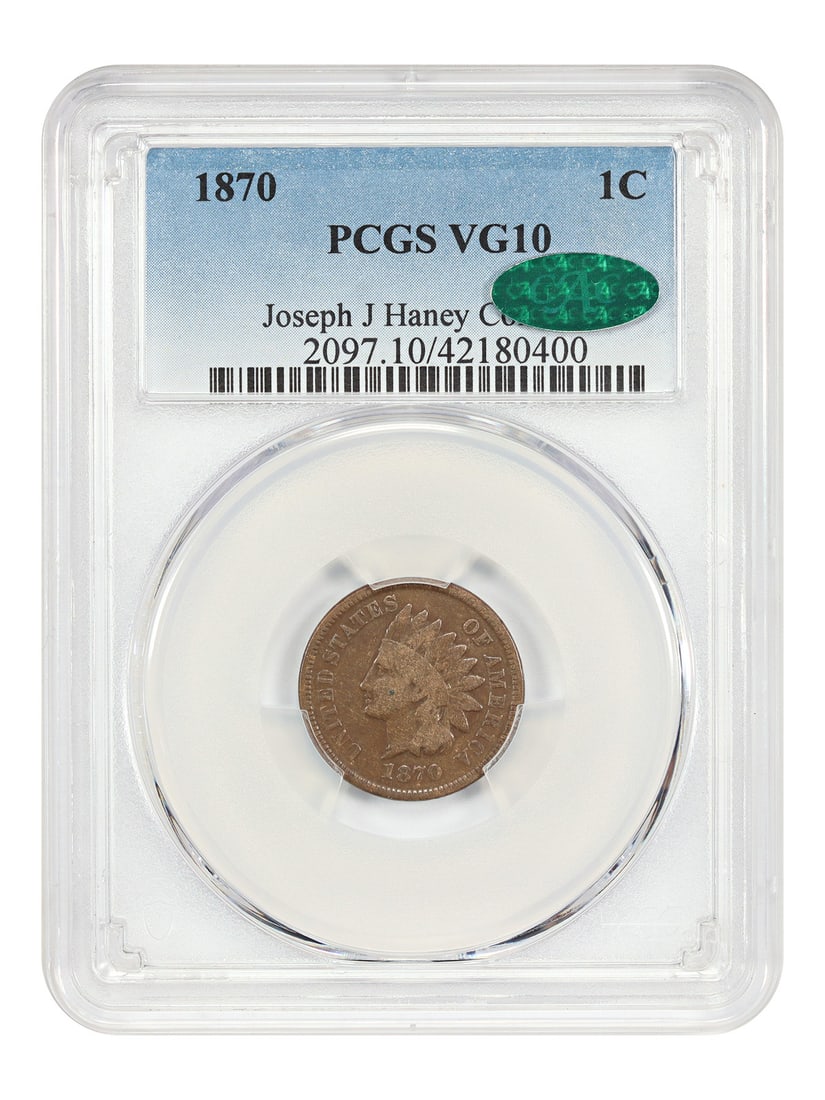 1870 Indian Cent PCGS CAC VG10 Joseph J Haney Collection: 1870 Indian Cent PCGS CAC VG10 Joseph J Haney Collection This 1870 Indian Cent is a circulated coin graded VG10 by PCGS and carries CAC approval. It originates from the Joseph J. Haney Collection and 