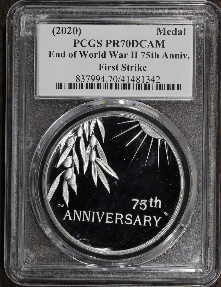 PCGS PR70 2020 V75 Silver Medal End of WWII First Strike: PCGS PR70 2020 V75 Silver Medal End of WWII First Strike This 2020 End of World War II V75 Silver Medal is a proof-strike collectible issued by the U.S. Mint. It is graded PR 70 by PCGS and is part of