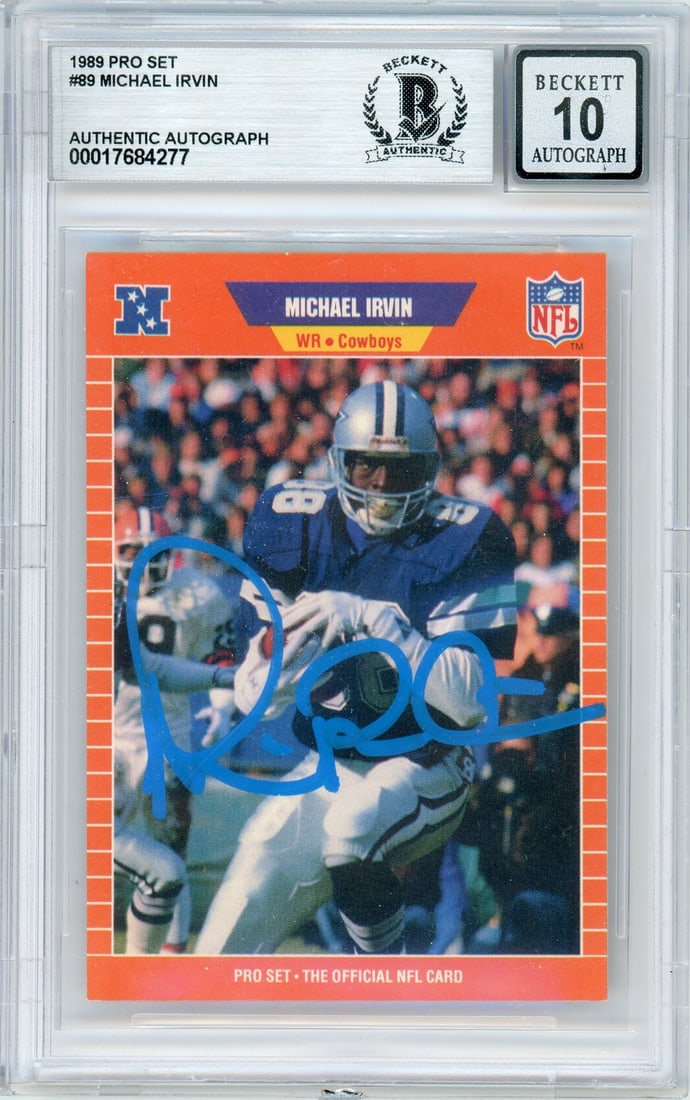 Michael Irvin Signed 1989 Pro Set Football Card BGS Auto 10 Dallas Cowboys: Michael Irvin Signed 1989 Pro Set Football Card BGS Auto 10 Dallas Cowboys This is an original 1989 Pro Set #89 sports trading card featuring Michael Irvin of the Dallas Cowboys. The card is hand-sign