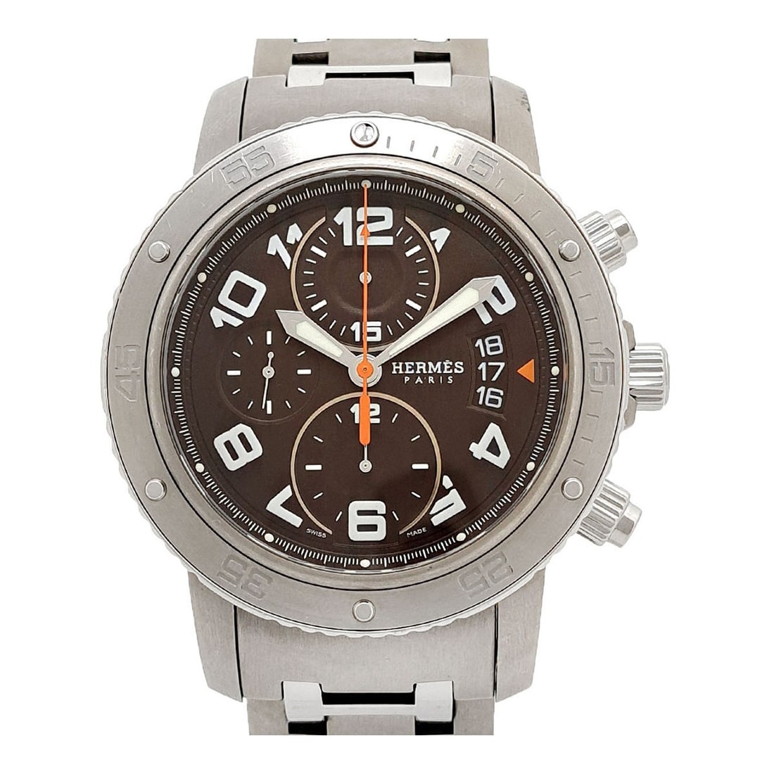 Hermes Clipper CP2.941 Automatic Brown Dial Titanium Steel Watch: Hermes Clipper CP2.941 Automatic Brown Dial Titanium Steel Watch This pre-owned Hermes Clipper Chronograph CP2.941 is a men's wristwatch crafted from a combination of titanium and stainless steel, off
