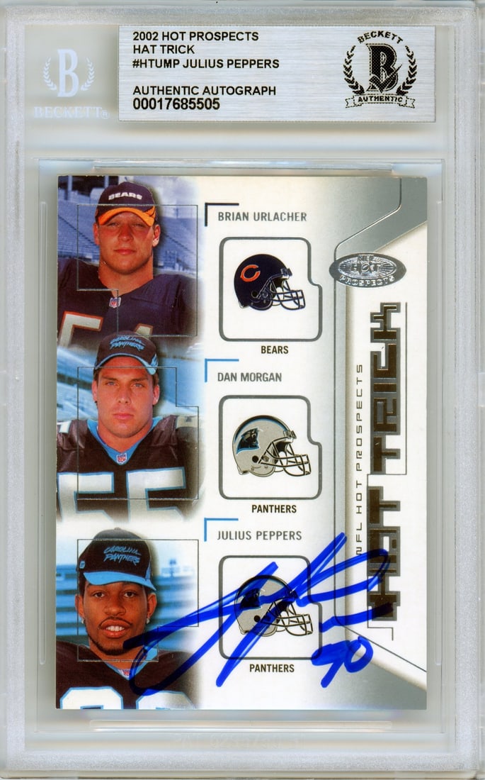 2002 Hot Prospects Julius Peppers RC Autographed Card Panthers BGS #HTUMP: 2002 Hot Prospects Julius Peppers RC Autographed Card Panthers BGS #HTUMP This is a 2002 Hot Prospects Hat Trick Julius Peppers rookie trading card, featuring a hand-signed autograph by the player. Th