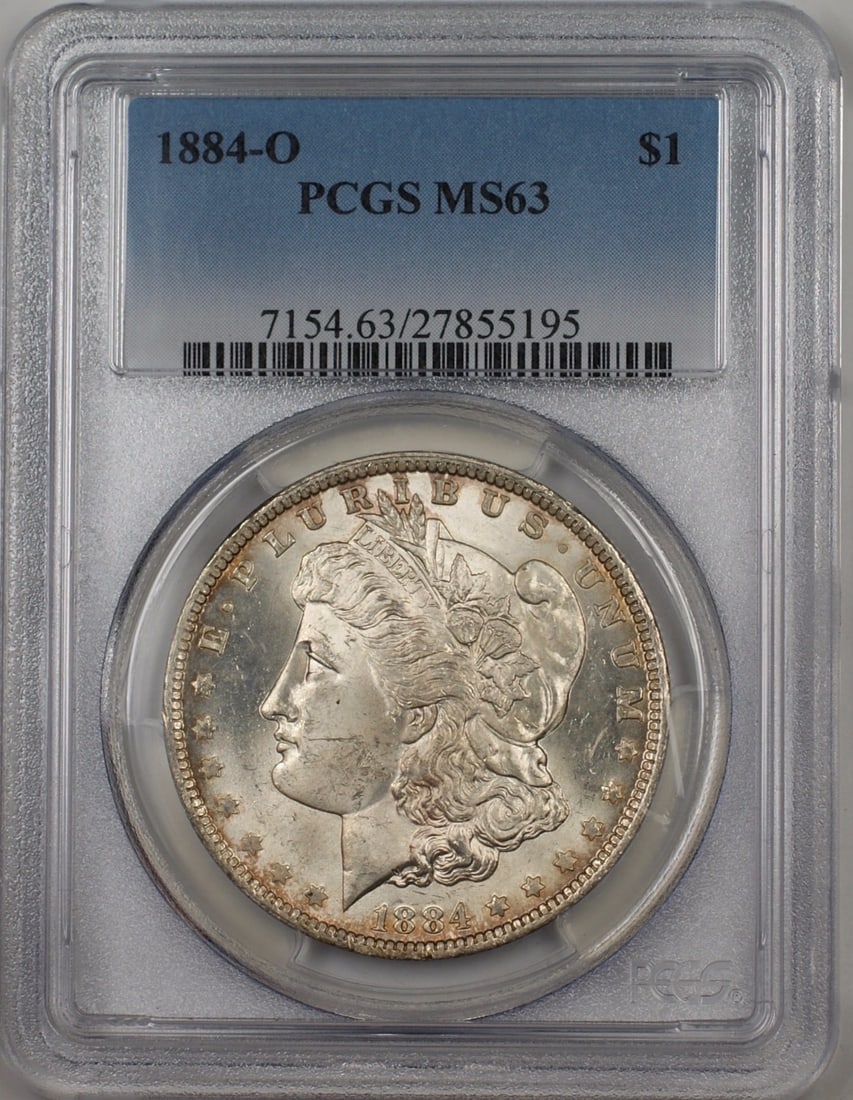 PCGS MS-63 1884-O Morgan Dollar Toned Silver Coin New Orleans Mint: PCGS MS-63 1884-O Morgan Dollar Toned Silver Coin New Orleans Mint This is an 1884-O Morgan Silver Dollar graded MS-63 by PCGS. The coin was minted in New Orleans and features a composition of 90% sil