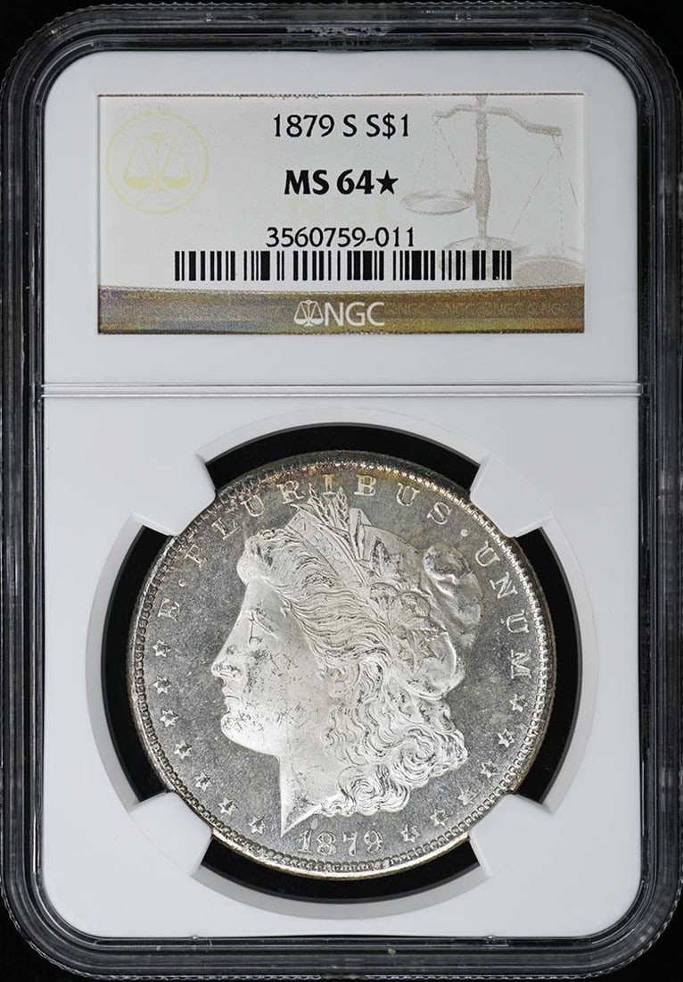 NGC MS64 Star 1879-S Morgan Silver Dollar: NGC MS64 Star 1879-S Morgan Silver Dollar This 1879-S Morgan Dollar is certified by NGC with a grade of MS64* (Star), indicating a high-quality uncirculated coin with exceptional eye appeal. Struck at