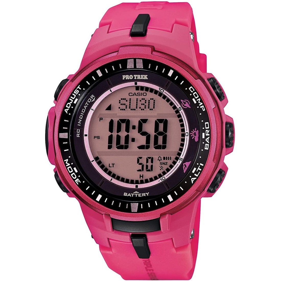 Casio Pro Trek Solar Digital Watch PRW-3000-4B Pink Band Authentic: Casio Pro Trek Solar Digital Watch PRW-3000-4B Pink Band Authentic Introducing the Casio Pro Trek Digital Watch PRW-3000-4B, a perfect blend of style and functionality. This pre-owned wristwatch featu