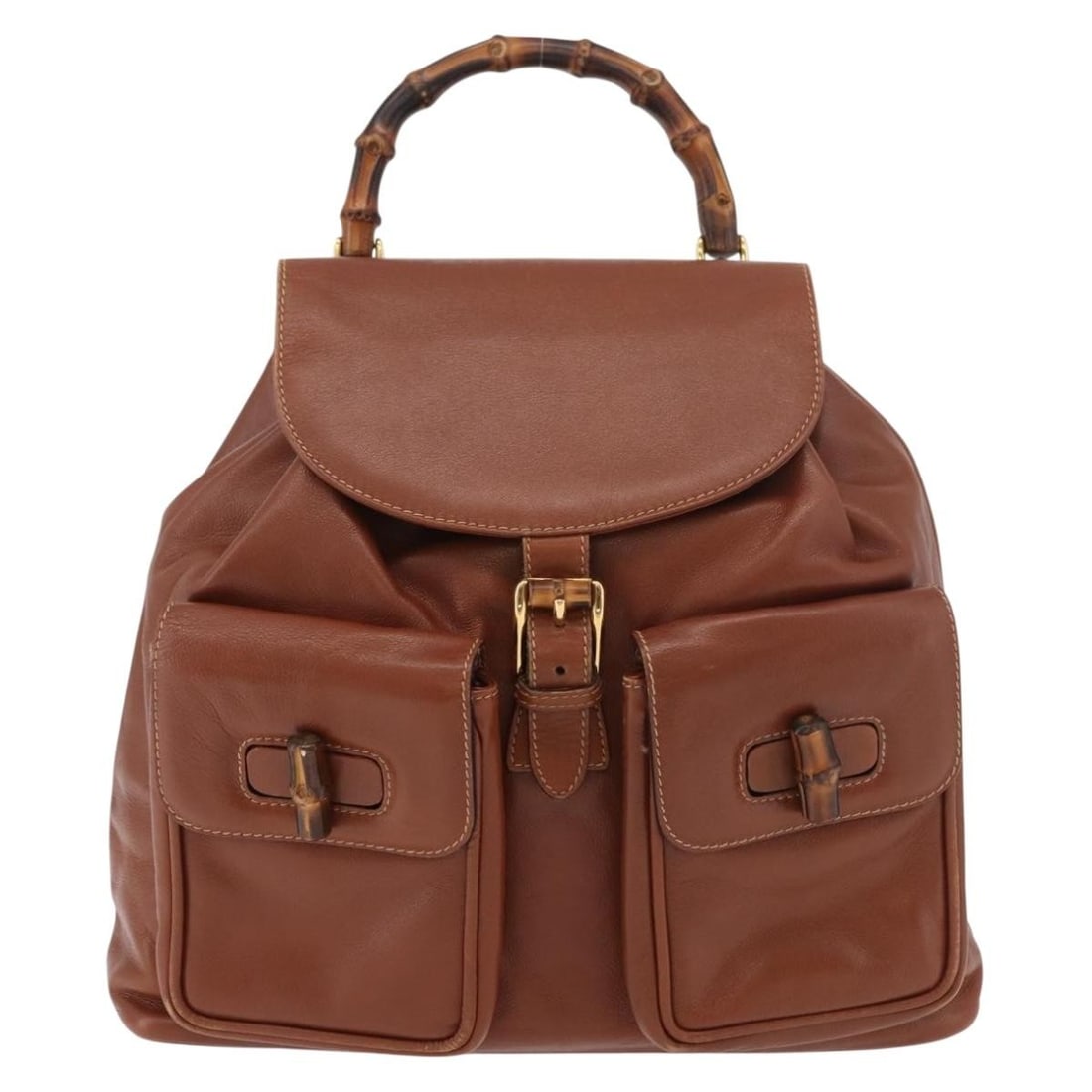 Brown Leather Bamboo Backpack by Gucci Italy Unisex Vintage (1 of 18)