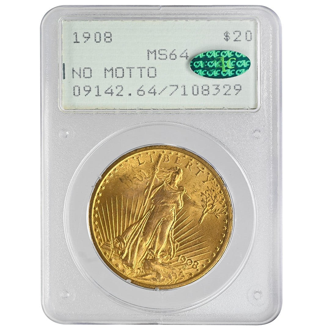 1908 Saint Gaudens $20 Gold PCGS MS64 CAC No Motto: 1908 Saint Gaudens $20 Gold PCGS MS64 CAC No Motto This 1908 $20 St. Gaudens gold coin is a rare No Motto variety, graded MS64 by PCGS and approved by CAC. Struck at the Philadelphia Mint, it features