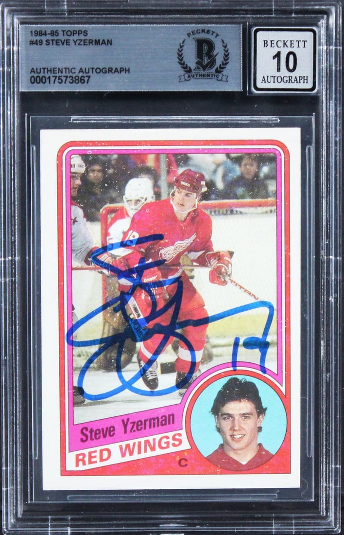 Steve Yzerman Signed 1984 Topps #49 Card Gem Mint 10 Beckett Authenticated: Steve Yzerman Signed 1984 Topps #49 Card Gem Mint 10 Beckett Authenticated This is a gem mint graded 10 autographed 1984 Topps #49 card of Steve Yzerman, the legendary player from the Detroit Red Wing