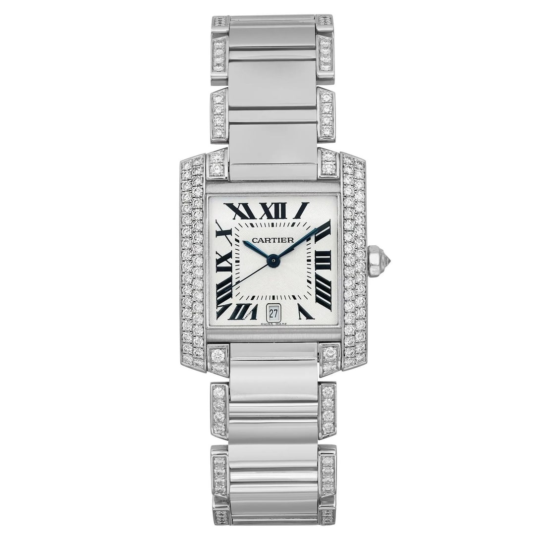 Cartier Tank Francaise 18K White Gold Diamond Watch Silver Dial Unisex: Cartier Tank Francaise 18K White Gold Diamond Watch Silver Dial Unisex This exquisite Cartier Tank Francaise watch combines elegance and functionality in a stunning design. Crafted in Switzerland, it 