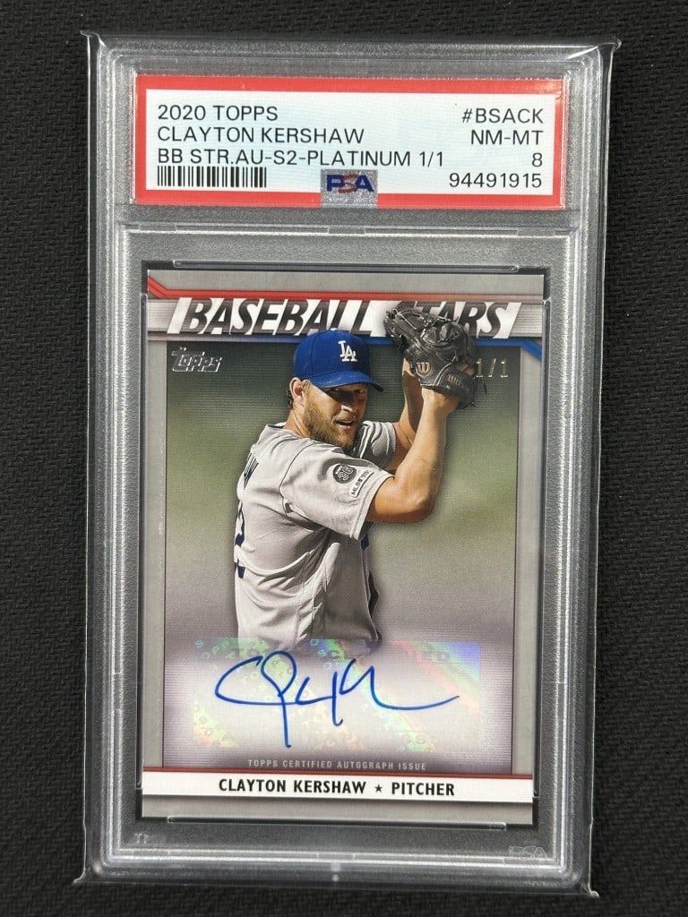 Clayton Kershaw 2020 Topps Platinum Auto PSA 8 Baseball Card #BSACK: Clayton Kershaw 2020 Topps Platinum Auto PSA 8 Baseball Card #BSACK This is a 2020 Topps Baseball Stars Platinum Autograph card featuring Clayton Kershaw, a standout player for the Los Angeles Dodgers