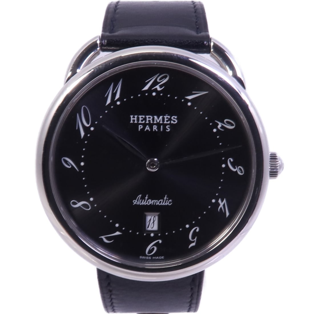 Hermes Arceau Stainless Steel Automatic Black Dial Wristwatch: Hermes Arceau Stainless Steel Automatic Black Dial Wristwatch This Hermes Arceau AR4.810 automatic wristwatch features a sleek stainless steel case and band, complemented by a black dial and frame. De