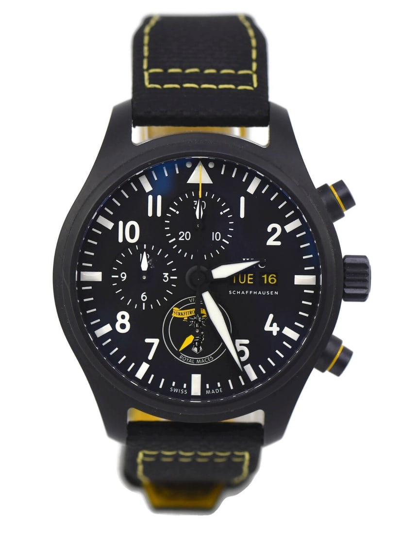 IWC Pilot Royal Maces Chronograph Ceramic Watch IW389107 with Box and Papers: IWC Pilot Royal Maces Chronograph Ceramic Watch IW389107 with Box and Papers Explore the exquisite IWC Pilot Royal Maces Chronograph Ceramic Watch IW389107, a perfect blend of style and functionality.