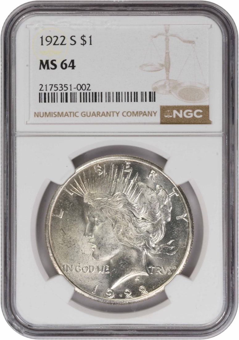 NGC MS64 1922-S Peace Dollar Silver $1: NGC MS64 1922-S Peace Dollar Silver $1 This is a 1922-S Peace Silver Dollar graded MS64 by NGC. The coin is uncirculated and features the Peace design, struck at the San Francisco Mint. Composed of si