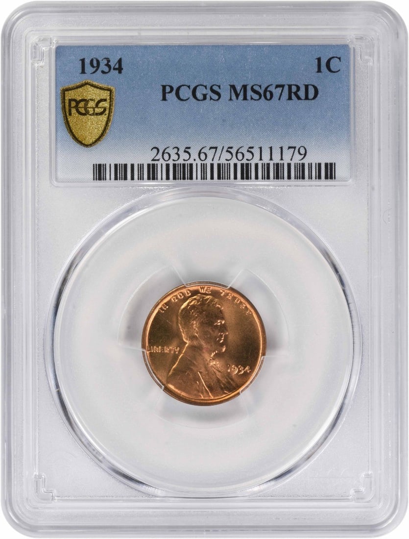 MS67 Red 1934 Lincoln Wheat Cent PCGS Certified Philadelphia Mint: MS67 Red 1934 Lincoln Wheat Cent PCGS Certified Philadelphia Mint This 1934 Lincoln Cent is a Wheat penny graded MS67RD by PCGS, indicating an uncirculated coin with exceptional quality. Struck at the