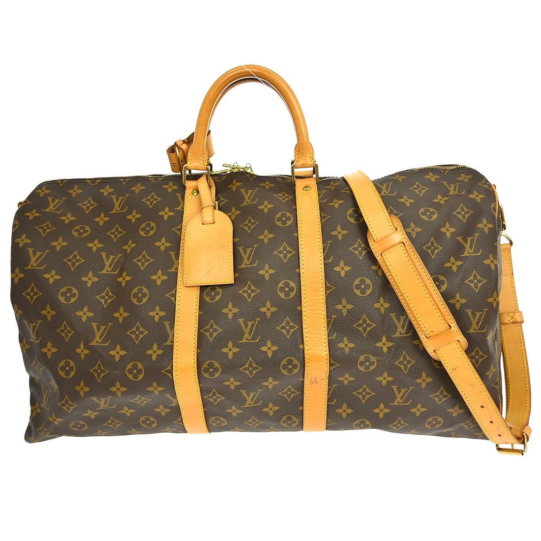 Louis Vuitton Keepall Bandouliere 55 Monogram Canvas Extra Large Travel Duffle Bag: Louis Vuitton Keepall Bandouliere 55 Monogram Canvas Extra Large Travel Duffle Bag This Louis Vuitton Keepall Bandouliere 55 travel bag features the signature Monogram canvas in brown with beige doubl