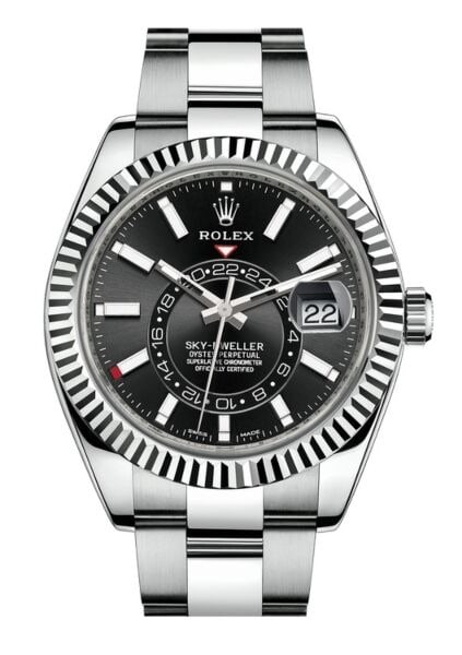 2017 Rolex Sky Dweller 326934 White Metal Black Dial Oyster Bracelet Card: 2017 Rolex Sky Dweller 326934 White Metal Black Dial Oyster Bracelet Card This is a Rolex Sky Dweller reference 326934 featuring a black dial and fluted bezel. The watch is equipped with an Oyster bra