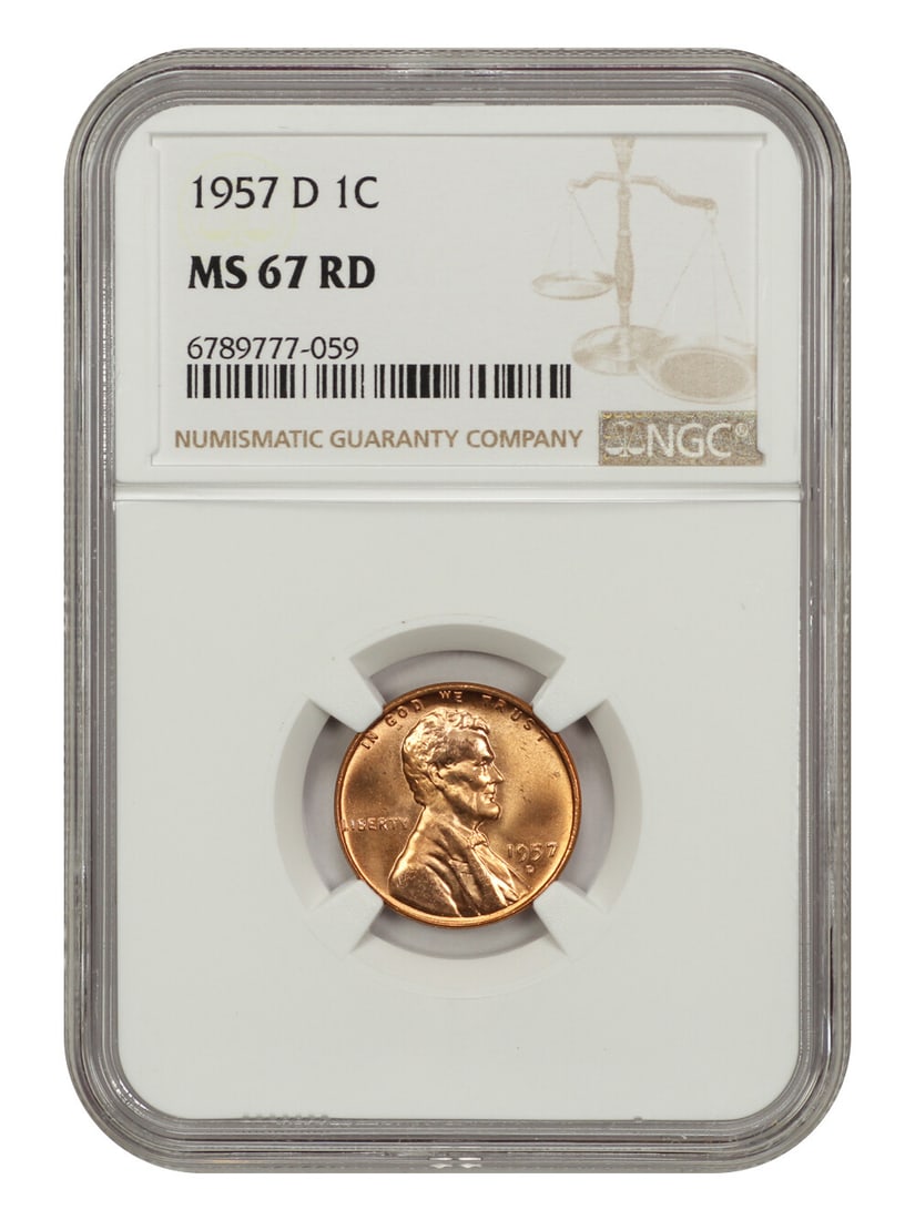 1957-D Lincoln Cent NGC MS67RD Uncirculated Wheat Reverse: 1957-D Lincoln Cent NGC MS67RD Uncirculated Wheat Reverse This 1957-D Lincoln Cent is certified by NGC with a grade of MS67RD, indicating an uncirculated condition and a high level of detail. Minted i