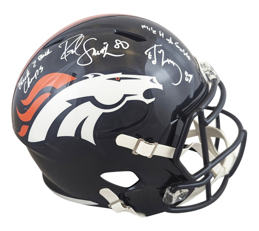 Denver Broncos Full Size Helmet Signed by Rod Smith and Ed McCaffrey Beckett BAS: Denver Broncos Full Size Helmet Signed by Rod Smith and Ed McCaffrey Beckett BAS This full-size Speed Replica helmet is signed by Rod Smith and Ed McCaffrey of the Denver Broncos. The helmet is authen