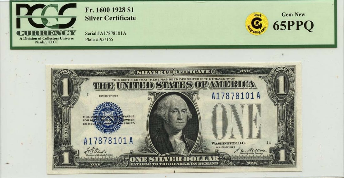 PCGS GEM 65 PPQ 1928 $1 Silver Certificate FR1600 United States Note: PCGS GEM 65 PPQ 1928 $1 Silver Certificate FR1600 United States Note This is a 1928 $1 Silver Certificate graded MS65 GEM by PCGS Currency. The note is uncirculated and originates from the United Stat