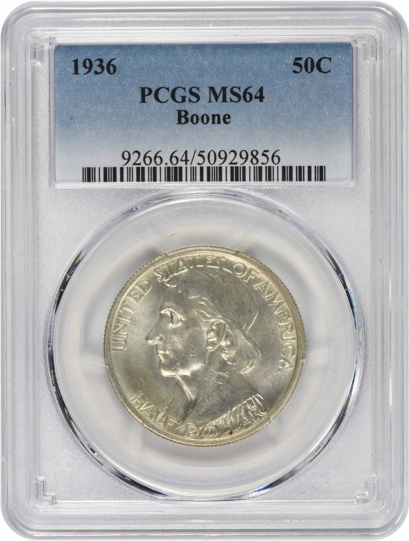 1936 Boone silver half dollar PCGS MS64 commemorative: 1936 Boone silver half dollar PCGS MS64 commemorative This 1936 Boone Commemorative Silver Half Dollar is graded MS64 by PCGS, indicating a well-preserved, uncirculated coin. Struck in silver, this co