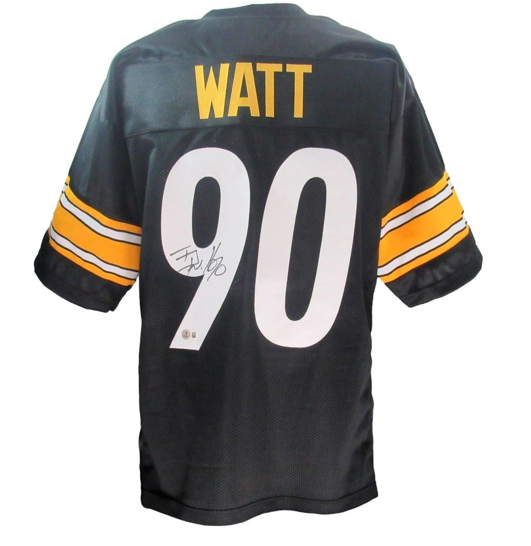 Autographed Black Football Jersey XL T.J. Watt BAS Witnessed Steelers: Autographed Black Football Jersey XL T.J. Watt BAS Witnessed Steelers This is a pre-owned black custom football jersey featuring the signature of T.J. Watt. The jersey represents the Pittsburgh Steele